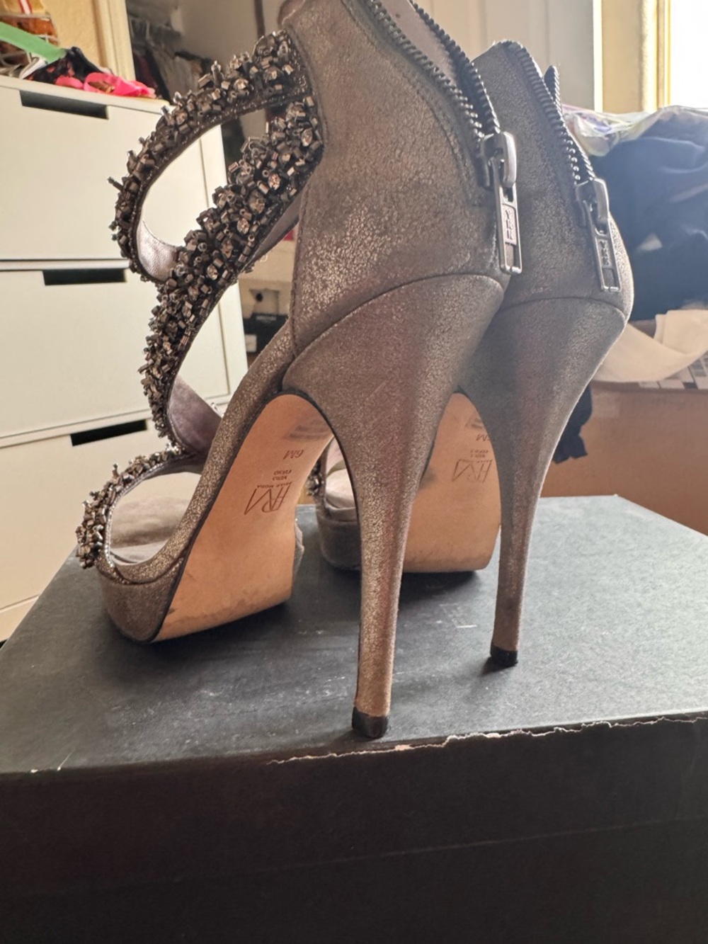 Pelle Moda Gunmetal Beaded Strappy Platform Heels - Picture 8 of 9